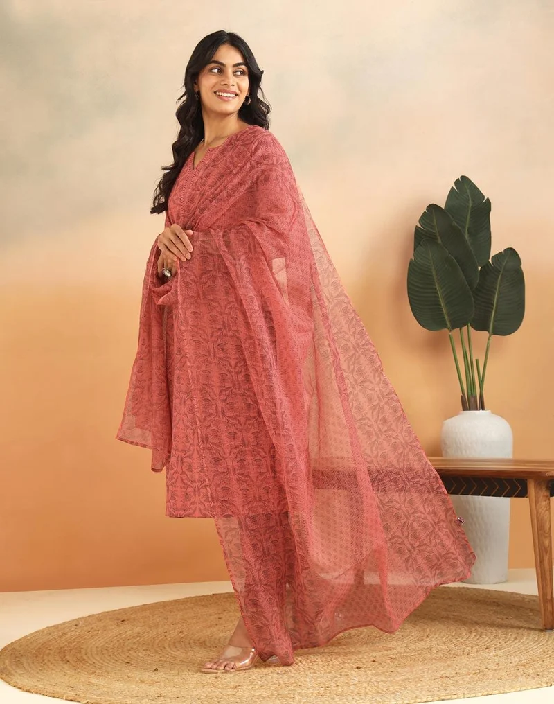 Fabindia Orange Cotton Printed Floral Pant, Dupatta & Kurta Set