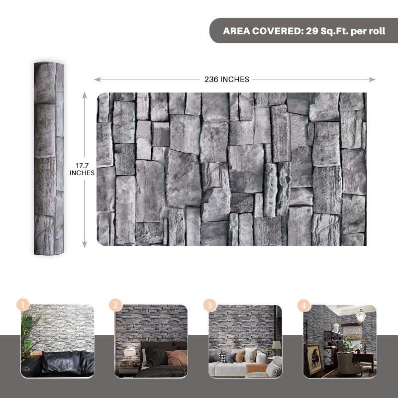 auxua Grey Brick Wallpaper Peel and Stick 17.7"x 236" Newly Upgraded and Thickened Faux 3D Stone Wallpaper for Bathroom, Bedroom, Kitchen, Living Room - Image 3