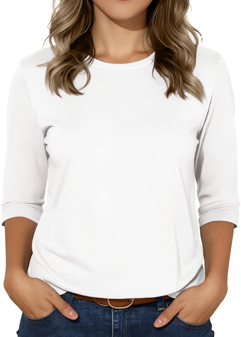 rosemia 3/4 Sleeve Tops for Women Basic Crew Neck Spring Blouses Casual Fit Fall T Shirts B-White - Image 1