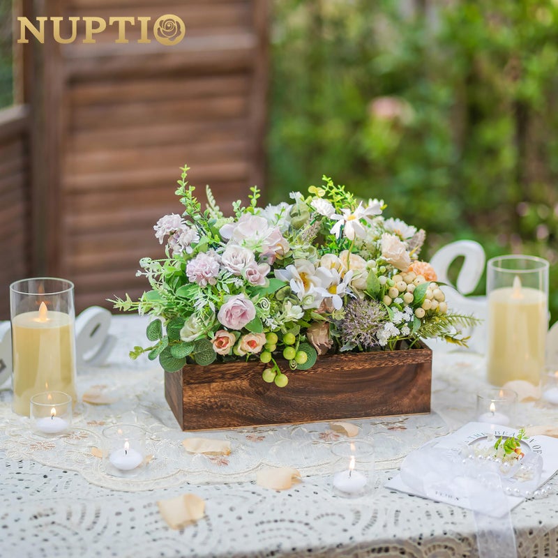 NUPTIO Wooden Box Centerpiece for Table: 2 Pcs 11.8" Long Wood Rectangle Planters - Farmhouse Flower Vase for Fall Wedding Dining Living Room Window Mantel Table Decor - Image 2
