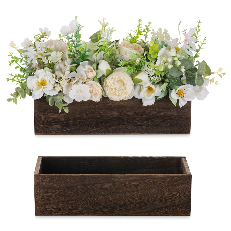 NUPTIO Wooden Box Centerpiece for Table: 2 Pcs 11.8" Long Wood Rectangle Planters - Farmhouse Flower Vase for Fall Wedding Dining Living Room Window Mantel Table Decor - Image 1