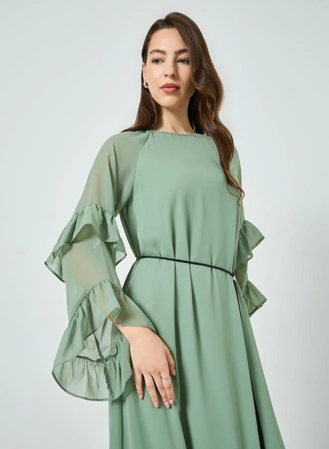 Styli Women Green Maxi Dress with Ruffle Sleeves