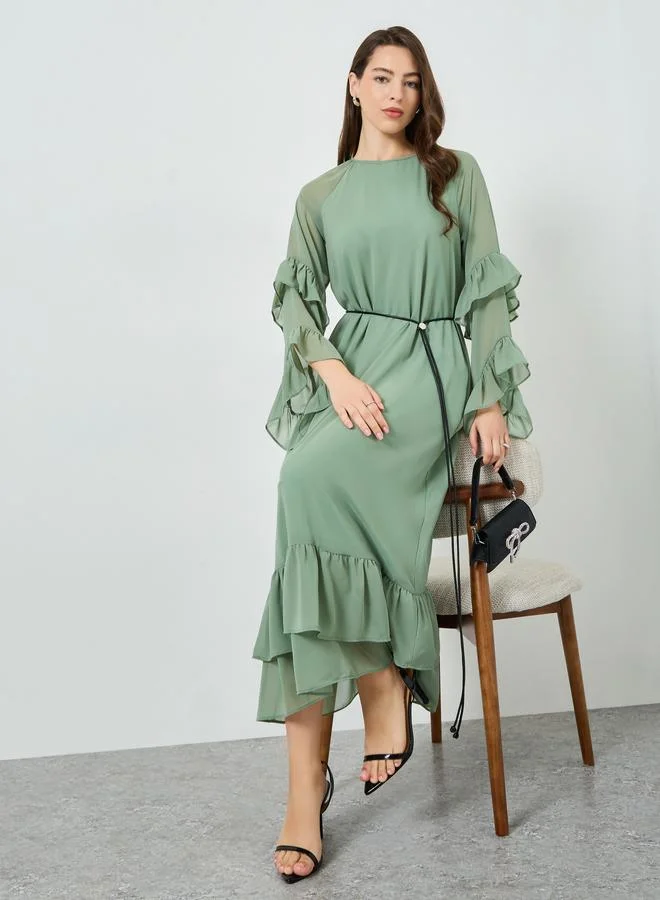 Styli Women Green Maxi Dress with Ruffle Sleeves