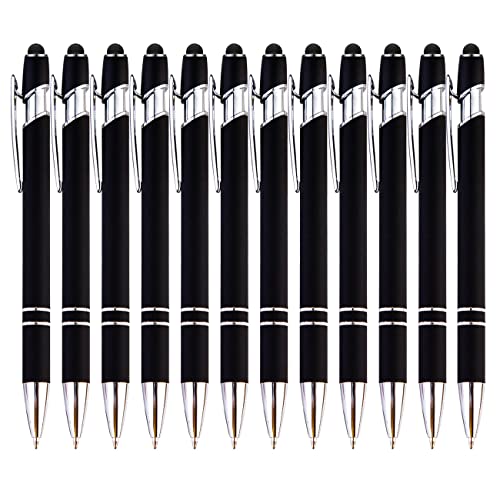 PASISIBICK 12-Piece Black Ballpoint Pen with Stylus Tip, 2 in 1 Stylish Metal Touch Screen Pen - Black Ink, 1.0 mm Medium Point - 5.5 x 0.4 inch / 14 x 1 cm - Image 1
