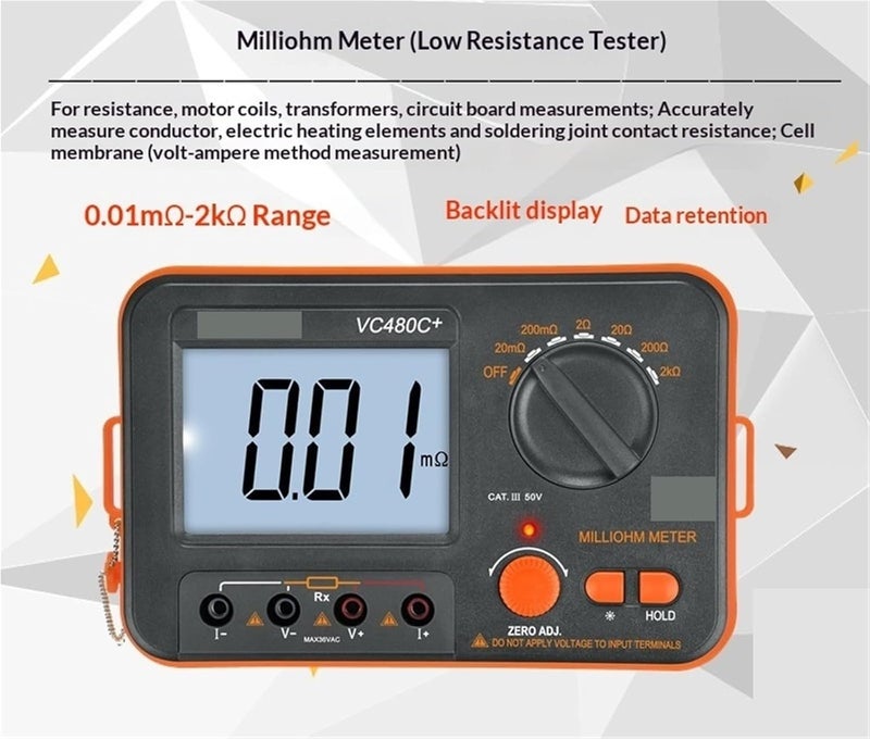 Multimeter Resistance Meters, VC480C+ Digital Milliohmmeter DC Low Tester Microohmmeter 0.01mΩ~2kΩ Detectable Transformer Circuit Board Electrician Tool - Image 5