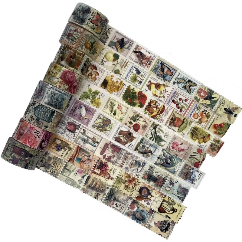 Esweny 8 Rolls Postage Stamp Washi Tapes Decorative Stamp Stickers for Scrapbooking Kid DIY Arts Crafts Album Junk Journal Planners Calendars and Notebook