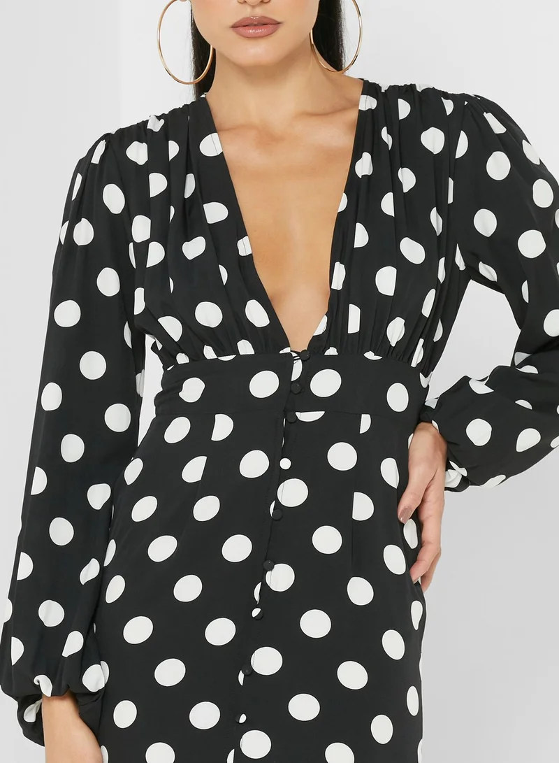 Missguided Tall V-Neck Button Detail Balloon Sleeve Dress