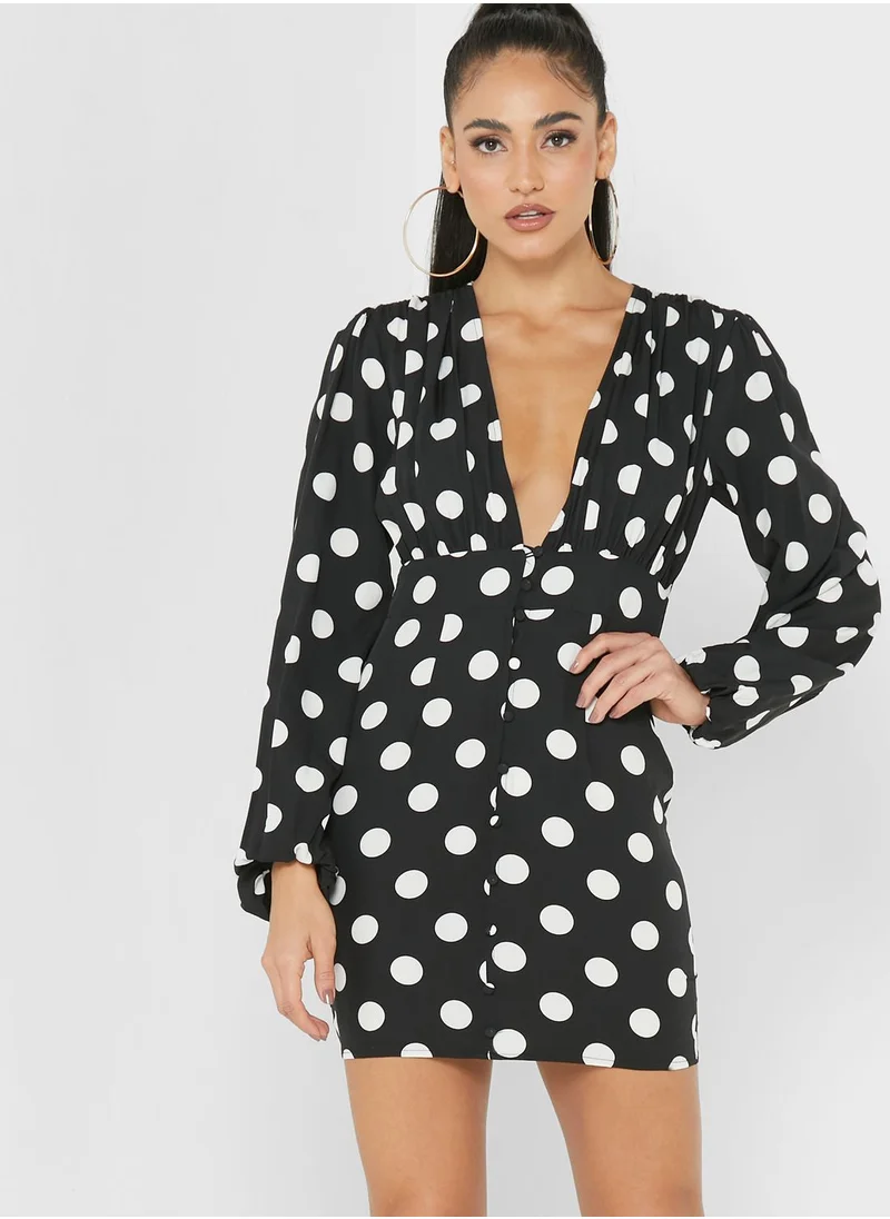 Missguided Tall V-Neck Button Detail Balloon Sleeve Dress