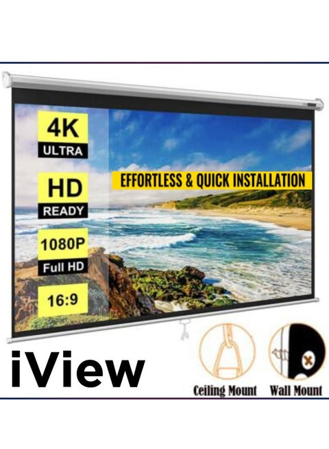 iView 200 × 153 cm (100″) Manual Wall/Ceiling Projection Screen – 4:3 Aspect Ratio, MaxWhite Matte Surface, Spring Auto‑Lock Pull‑Down, Dual Mount, Black Masking Borders