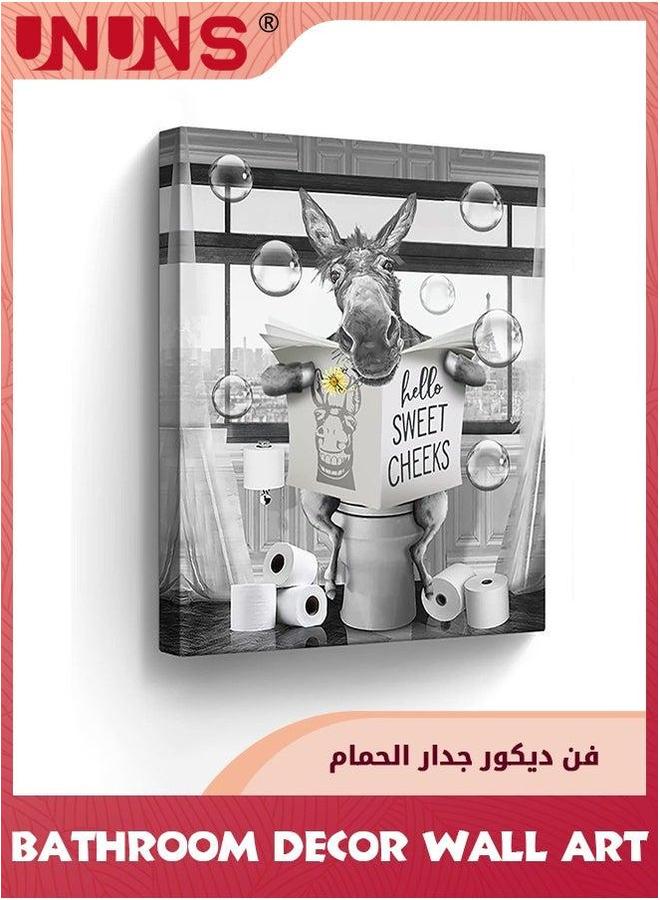 UNUNS Wall Art,Farmhouse Bathroom Decor Canvas Art,Funny Donkey Pictures Poster Art,Donkey Sitting In Toilet Reading Newspaper Painting For Animals Artwork,Framed 30x42cm - Image 1