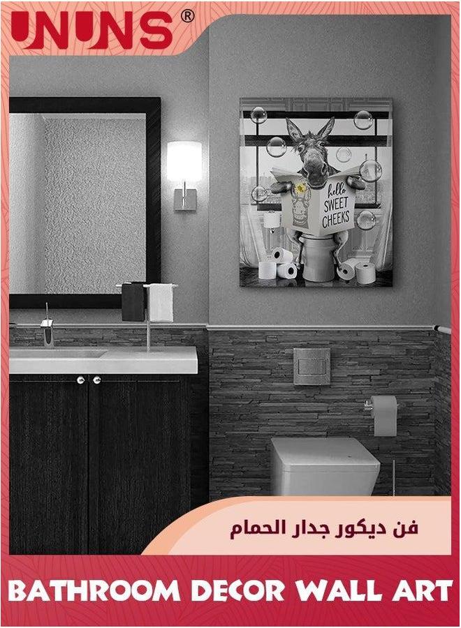 UNUNS Wall Art,Farmhouse Bathroom Decor Canvas Art,Funny Donkey Pictures Poster Art,Donkey Sitting In Toilet Reading Newspaper Painting For Animals Artwork,Framed 30x42cm - Image 3