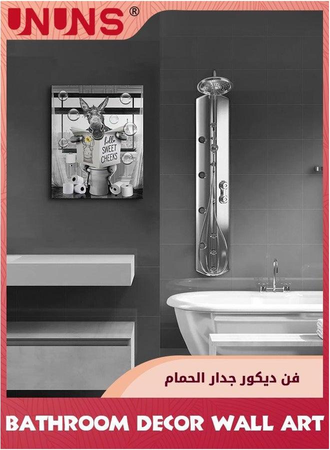 UNUNS Wall Art,Farmhouse Bathroom Decor Canvas Art,Funny Donkey Pictures Poster Art,Donkey Sitting In Toilet Reading Newspaper Painting For Animals Artwork,Framed 30x42cm - Image 4