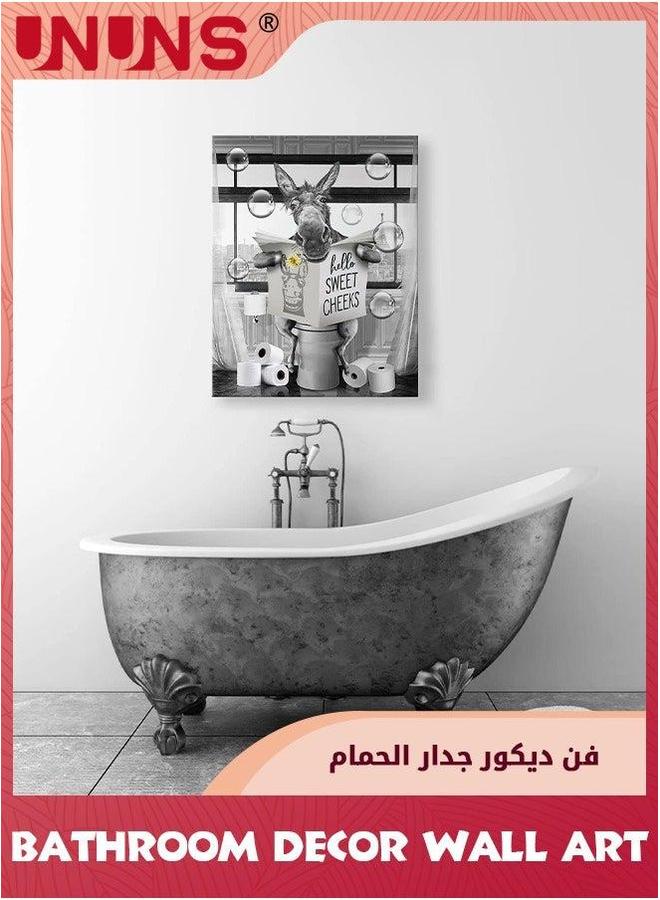 UNUNS Wall Art,Farmhouse Bathroom Decor Canvas Art,Funny Donkey Pictures Poster Art,Donkey Sitting In Toilet Reading Newspaper Painting For Animals Artwork,Framed 30x42cm - Image 2