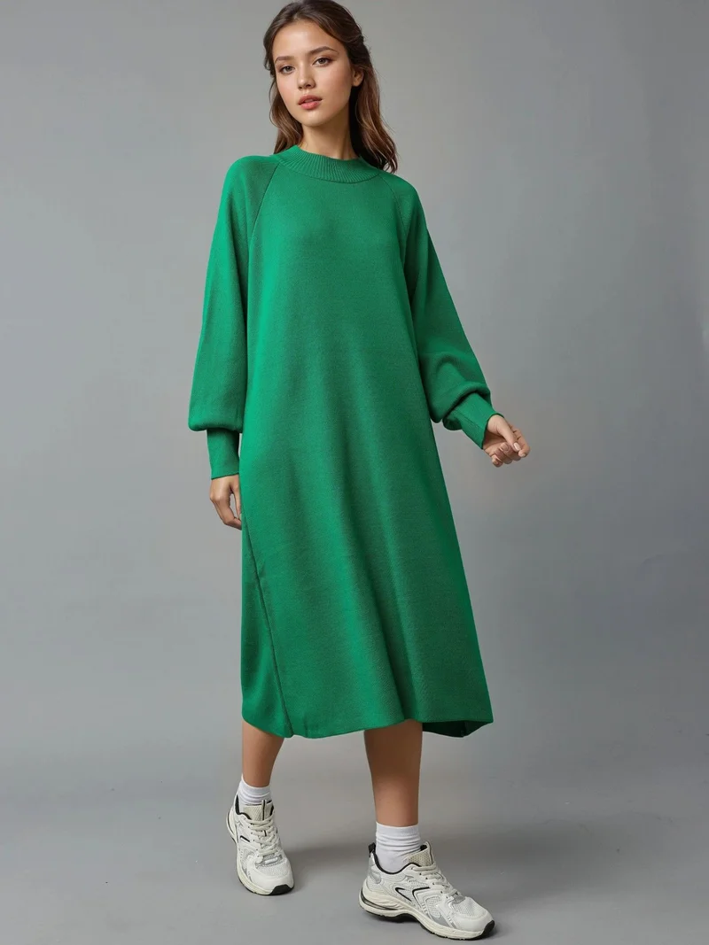 موضتي MY FASHION Long Loose Fit Ribbed Knit Dress with Crew Neck
