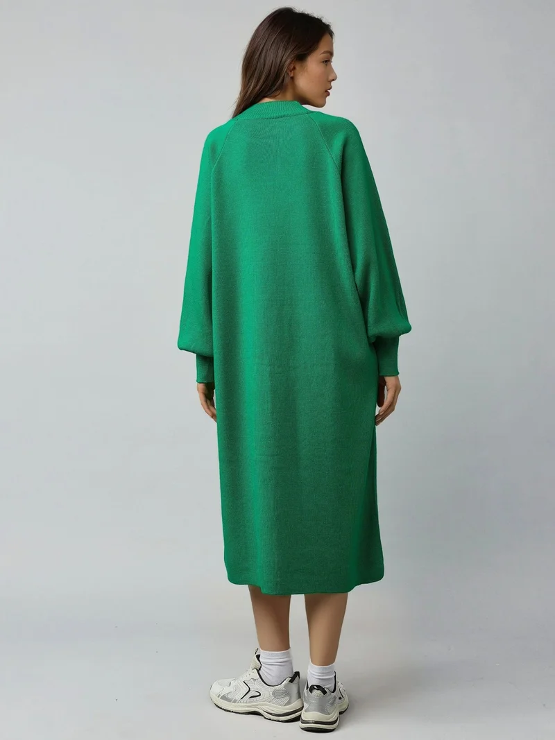 MY FASHION Green MY FASHION Long Loose Fit Ribbed Knit Dress with Crew Neck for Women | Best Price UAE