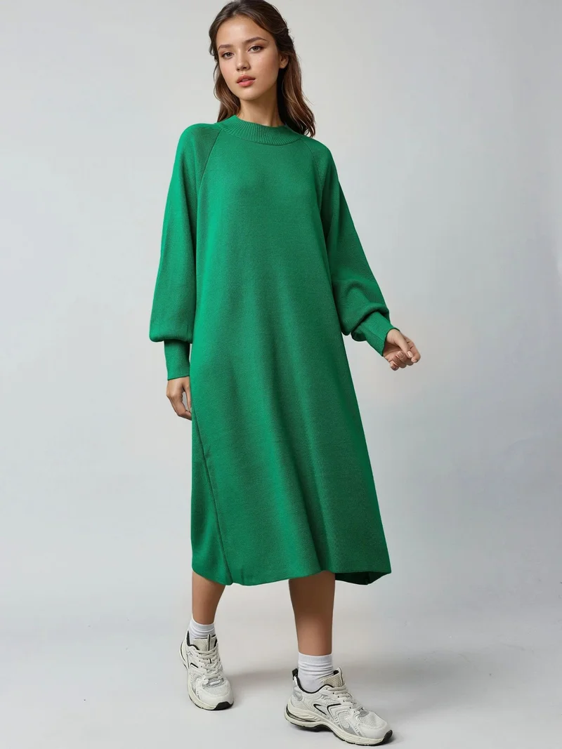 MY FASHION Green MY FASHION Long Loose Fit Ribbed Knit Dress with Crew Neck for Women | Best Price UAE