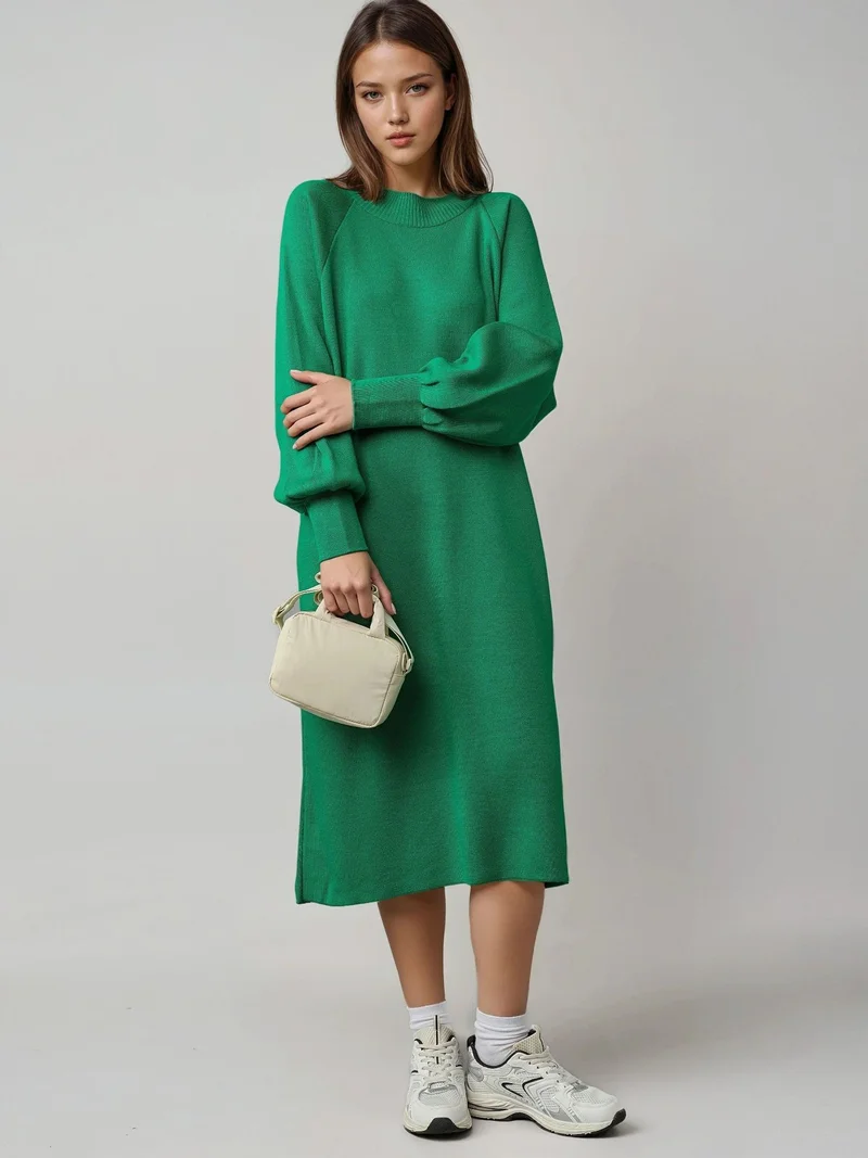 MY FASHION Long Loose Fit Ribbed Knit Dress with Crew Neck