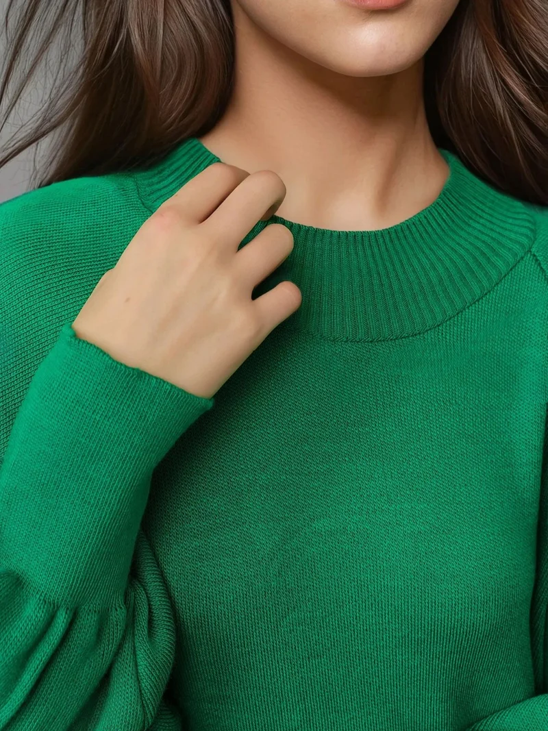 MY FASHION Green MY FASHION Long Loose Fit Ribbed Knit Dress with Crew Neck for Women | Best Price UAE
