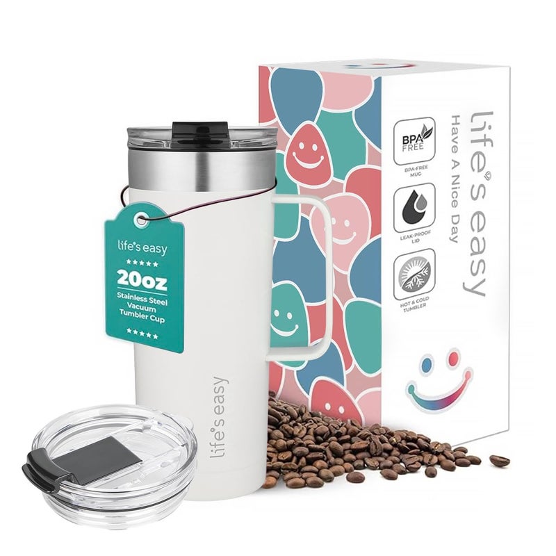 Lifes Easy 20oz Stainless Steel Mug wHandle Double Wall Insulated Travel Tumbler wFlip Lid Leak Proof TumblerThermal Cup for Coffee Tea More Keep Hot Cold Drinks White 20 oz
