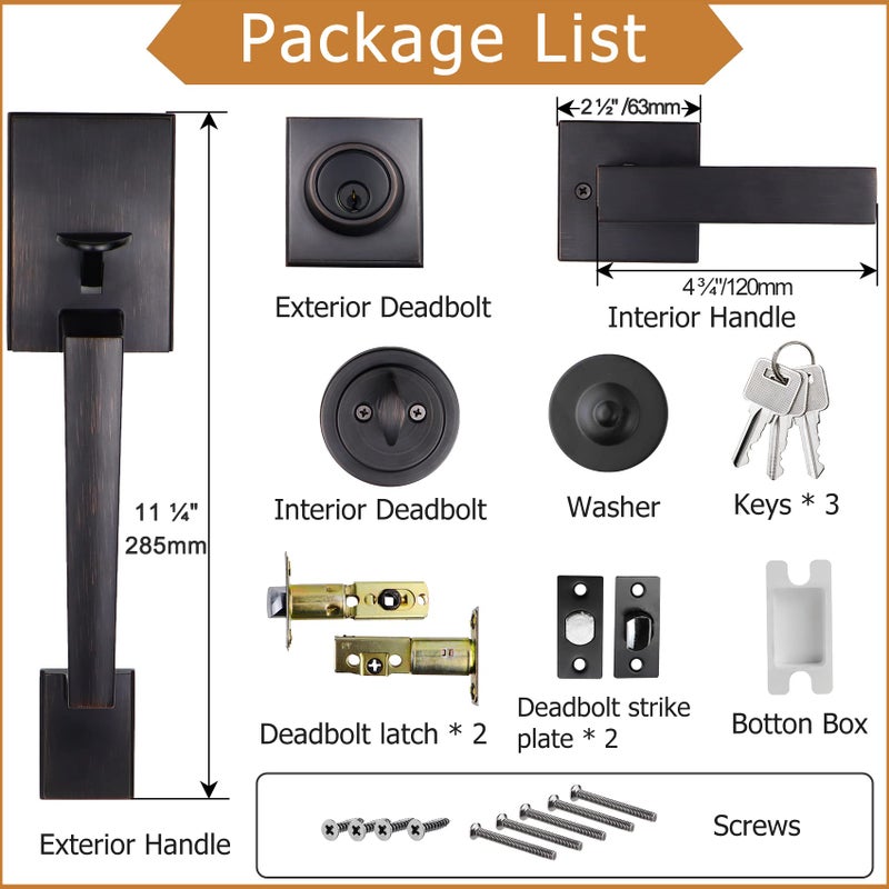 Azdele Front Door Handle And Deadbolt Set, Front Door Lock Set, Exterior Door Lock Set, Front Door Handle With Single Cylinder Deadbolt For Exterior Door, Reversible For Right&Left(Oil Bronze Modern) - Image 5