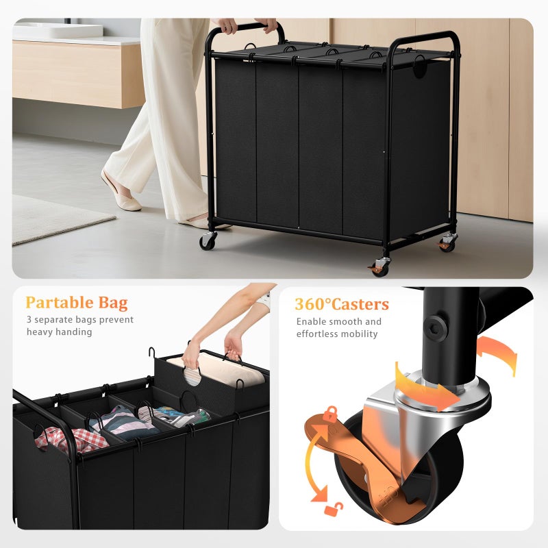 Olldide Laundry Sorter 4 Sections 48 Gal, Rolling Laundry Basket with Lockable Wheels and Lid, Laundry Hamper with 4 Separated Removable Bags Dirty Clothes Hamper for Laundry Room Organizer, Black - Image 3