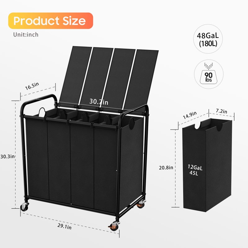 Olldide Laundry Sorter 4 Sections 48 Gal, Rolling Laundry Basket with Lockable Wheels and Lid, Laundry Hamper with 4 Separated Removable Bags Dirty Clothes Hamper for Laundry Room Organizer, Black - Image 2