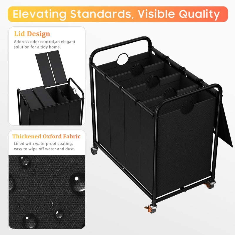 Olldide Laundry Sorter 4 Sections 48 Gal, Rolling Laundry Basket with Lockable Wheels and Lid, Laundry Hamper with 4 Separated Removable Bags Dirty Clothes Hamper for Laundry Room Organizer, Black - Image 4