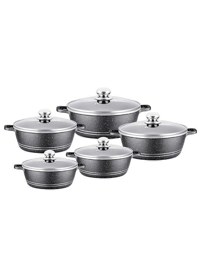 Royalford RF9699 10 Pc Die-cast Aluminium Saucepan Set Cookware Casserole Pan set Non-Stick Stock Pot Set with 2 Layer Granite Coating Tempered Glass Lids & Heat-Resistant Handles - Oven Safe