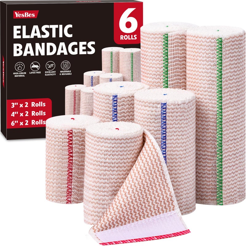 YesBes 6 Pack Premium Elastic Bandage Wrap(2x3, 2x4, 2x6), Compression Bandage Wrap, Lymphedema Wraps for Legs, Ankle, Knee, Tummy - Image 1