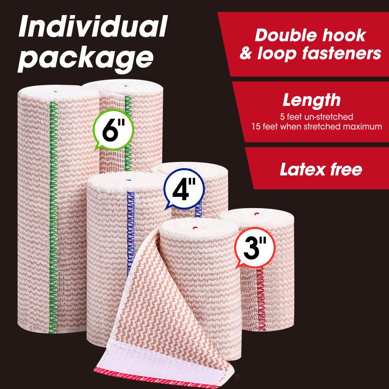 YesBes 6 Pack Premium Elastic Bandage Wrap(2x3, 2x4, 2x6), Compression Bandage Wrap, Lymphedema Wraps for Legs, Ankle, Knee, Tummy - Image 2