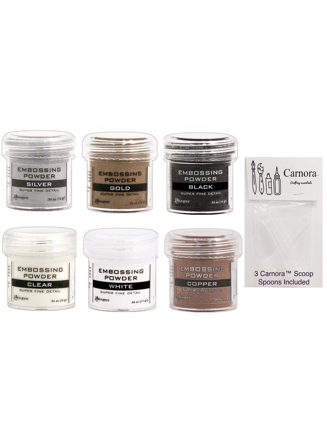 Fine Super Embossing Powder White Silver Black Copper Clear And Gold Bundle Of 6 1/2 Ounce Jars Plus 3 Carnoras Scoop Spoons
