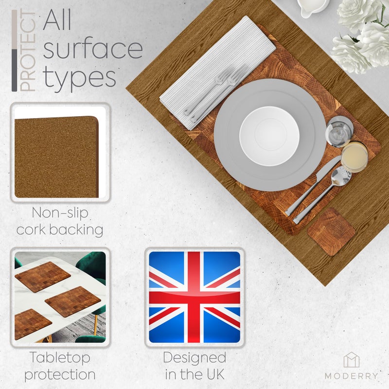 Moderry Set of 4 Heat Resistant Cork Placemats for Dining Table with Free Set of 4 Matching Drink Coasters Marble Design 16 x 12 Inches Cork Backed Hard Placemats (Honey Oak) - Image 5