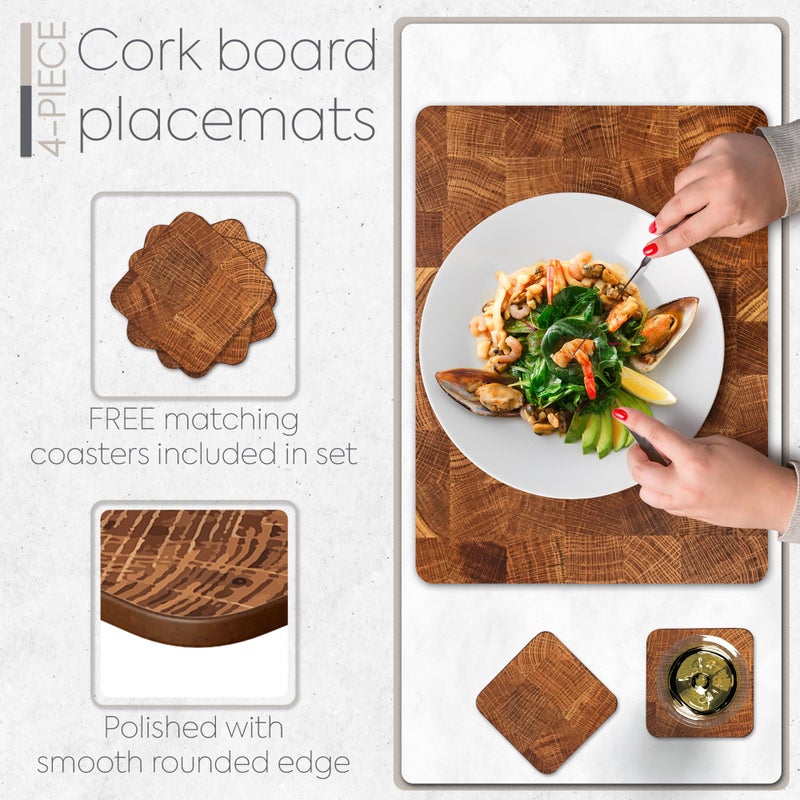 Moderry Set of 4 Heat Resistant Cork Placemats for Dining Table with Free Set of 4 Matching Drink Coasters Marble Design 16 x 12 Inches Cork Backed Hard Placemats (Honey Oak) - Image 4
