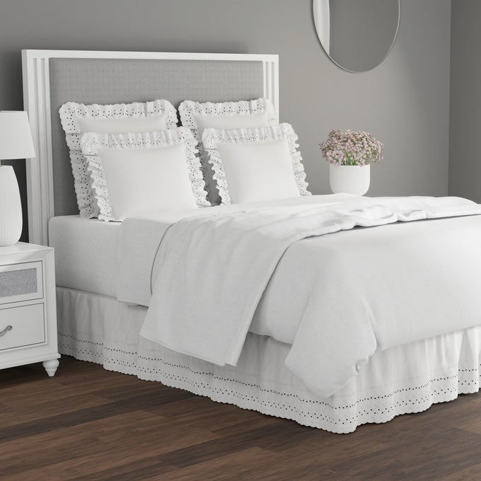 IDEAS RUFFLED EYELET BED SKIRT DUST RUFFLE WITH GATHERED STYLING AND EMBROIDERED DETAILS 14 DROP LENGTH KING WHITE
