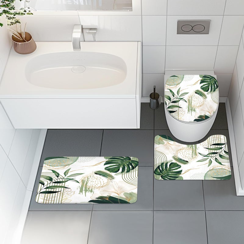Mitpok 4 PCS Sage Green Boho Shower Curtain Set 72Wx72H, Non-Slip Bath Rug Toilet Lid Cover and U Shape Mat Modern Tropical Palm Leaves Complete Bathroom Set Accessories with 12 Hooks Bathroom Decor - Image 2