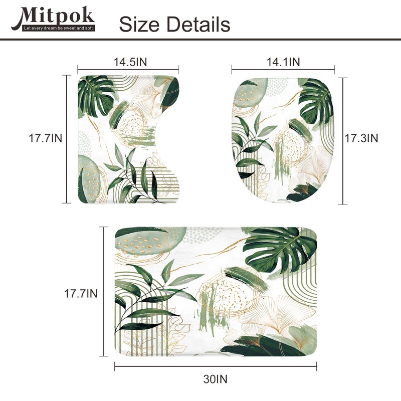 Mitpok 4 PCS Sage Green Boho Shower Curtain Set 72Wx72H, Non-Slip Bath Rug Toilet Lid Cover and U Shape Mat Modern Tropical Palm Leaves Complete Bathroom Set Accessories with 12 Hooks Bathroom Decor - Image 5