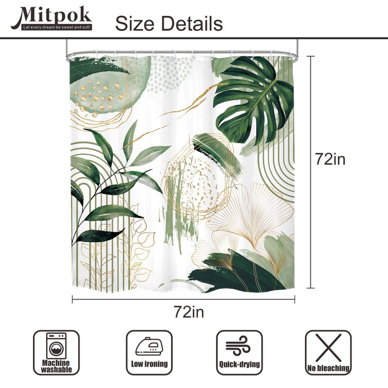 Mitpok 4 PCS Sage Green Boho Shower Curtain Set 72Wx72H, Non-Slip Bath Rug Toilet Lid Cover and U Shape Mat Modern Tropical Palm Leaves Complete Bathroom Set Accessories with 12 Hooks Bathroom Decor - Image 4