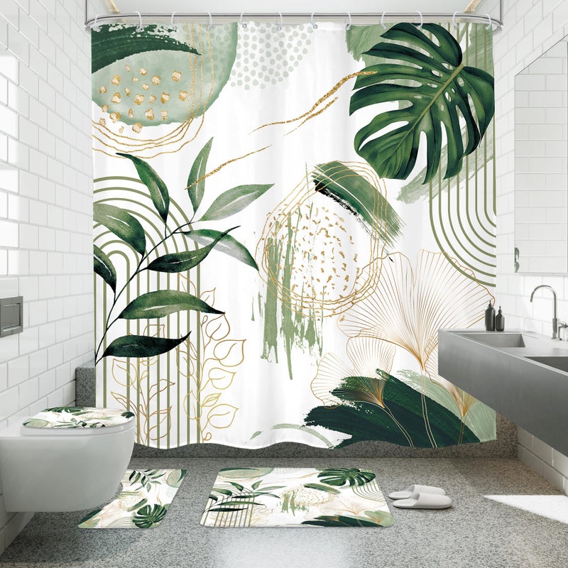 Mitpok 4 PCS Sage Green Boho Shower Curtain Set 72Wx72H, Non-Slip Bath Rug Toilet Lid Cover and U Shape Mat Modern Tropical Palm Leaves Complete Bathroom Set Accessories with 12 Hooks Bathroom Decor - Image 1