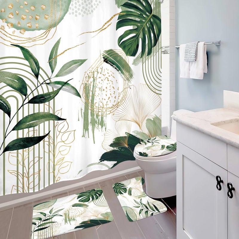 Mitpok 4 PCS Sage Green Boho Shower Curtain Set 72Wx72H, Non-Slip Bath Rug Toilet Lid Cover and U Shape Mat Modern Tropical Palm Leaves Complete Bathroom Set Accessories with 12 Hooks Bathroom Decor - Image 3