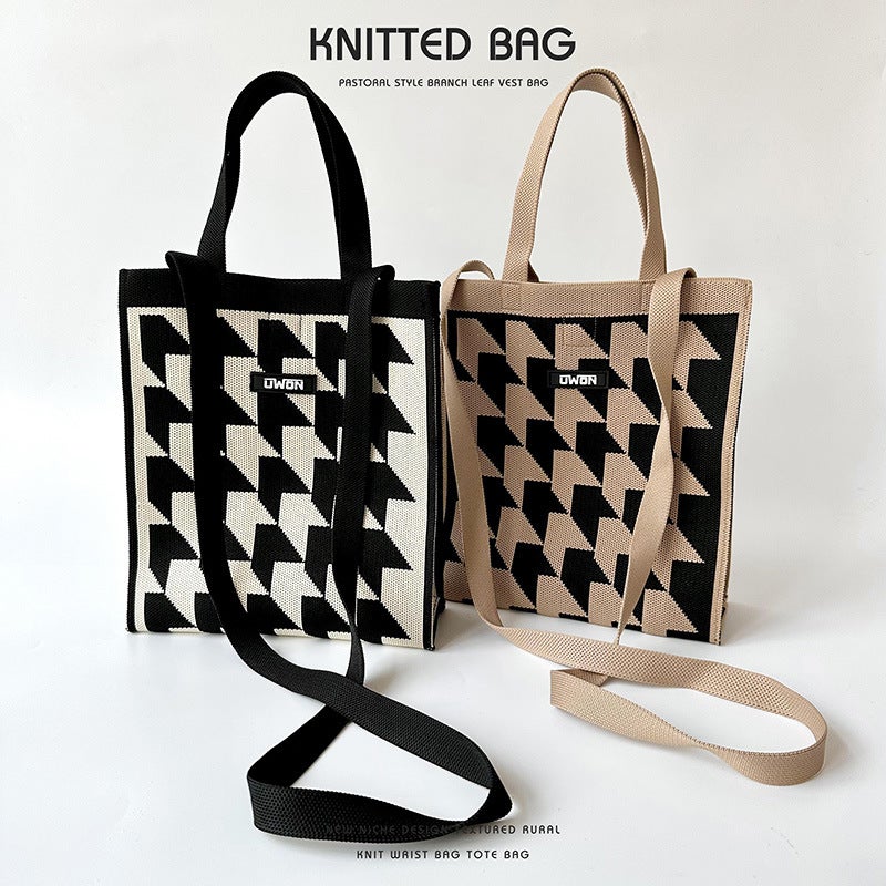 Niche Design Black And White Houndstooth Knitted Handbag Handbag All-Match Large Capacity Crossbody Bag Commuter Small Square Bag - Image 2