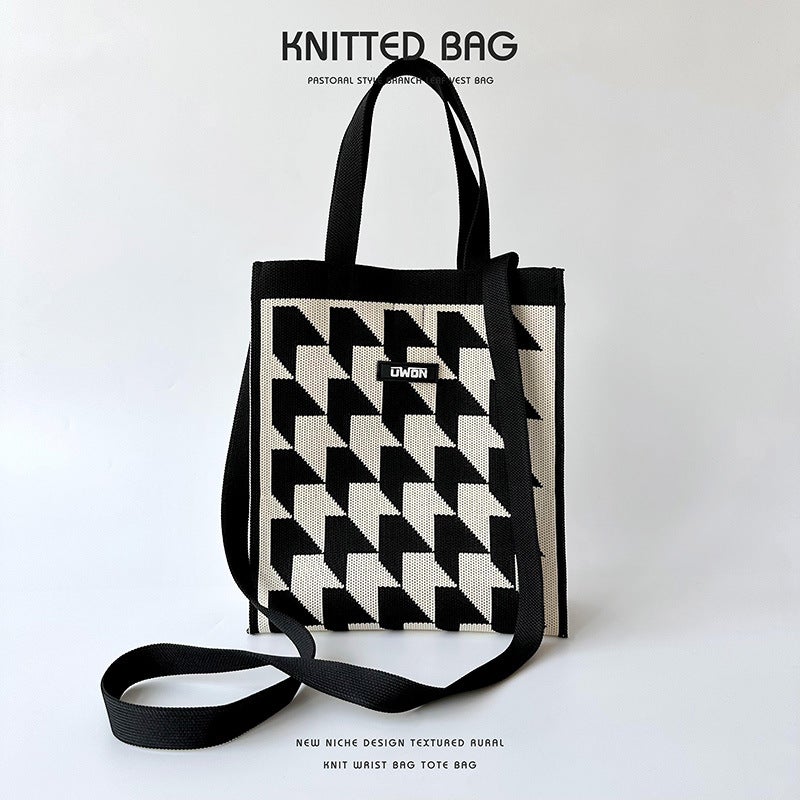 Niche Design Black And White Houndstooth Knitted Handbag Handbag All-Match Large Capacity Crossbody Bag Commuter Small Square Bag - Image 1