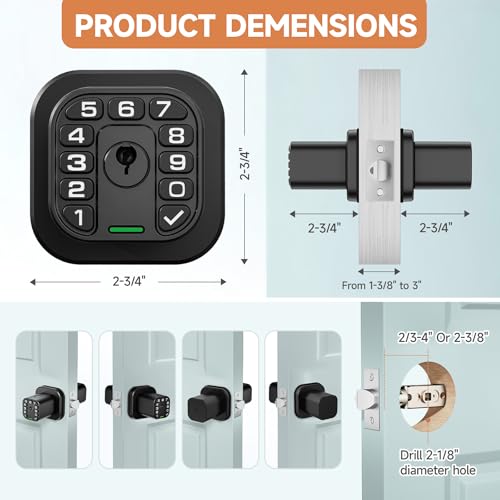 Richelock Square Door Knob with Keypad, Keylees Entry Door Lock with Cylinder, Auto Lock, Waterproof & Weatherproof Code Doorknob for Outdoor & Indoor, Bedroom, Entry Door,Office -Matte Black - Image 5