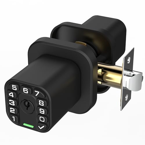Richelock Square Door Knob with Keypad, Keylees Entry Door Lock with Cylinder, Auto Lock, Waterproof & Weatherproof Code Doorknob for Outdoor & Indoor, Bedroom, Entry Door,Office -Matte Black - Image 1