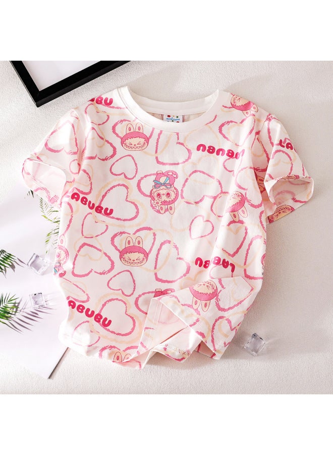 Summer Children's Clothing Girls' Printed Short-sleeved Cute Versatile Cartoon Loose Versatile Round Neck Casual Tops