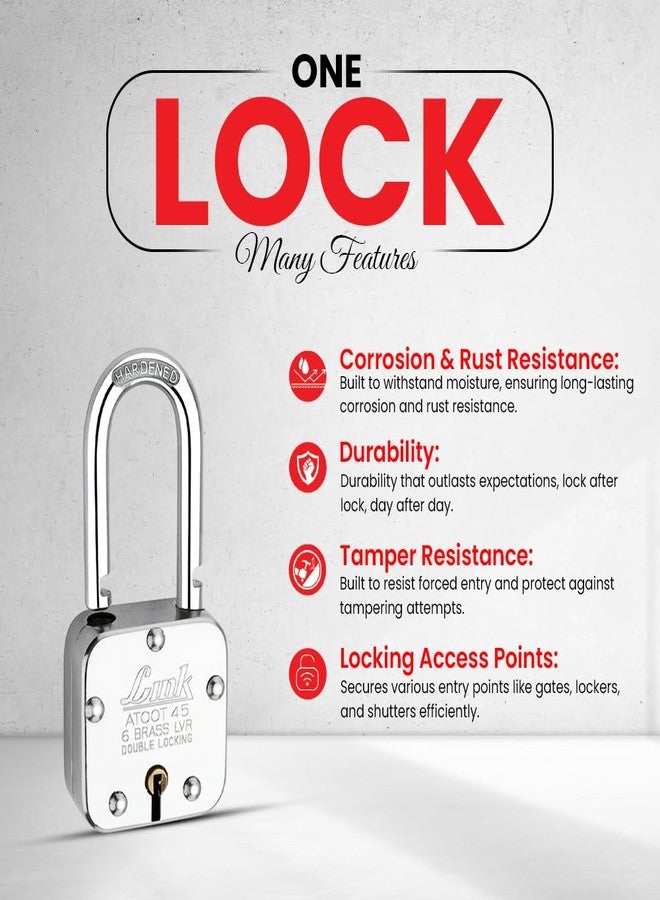 Link® Atoot 45mm Long Shackle Lock | Steel Body | Hardened Shackle | 6 Brass Levers | Made in India | 1 Padlock 3 Silver Key - Image 2