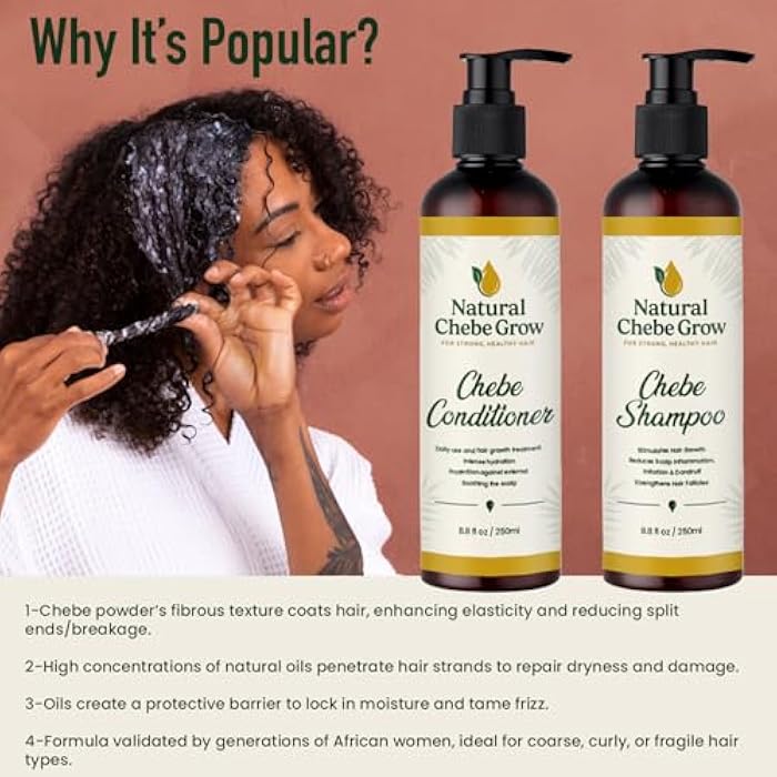 Natural Chebe Grow Hair Growth Shampoo and Conditioner Set, Strong Healthy Hair Treatment, Scalp Soothing Formula, 8.8 fl oz, 2 Pack - Image 4