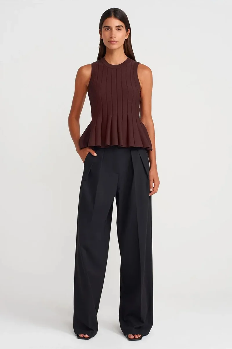 Dilvin Chestnut Brown DILVIN Ribbed Sleeveless Frill Blouse for Women | Best Price UAE