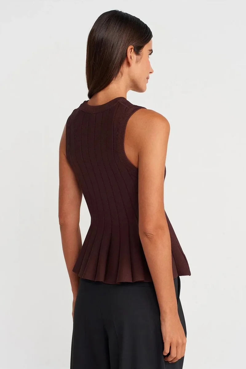 Dilvin Chestnut Brown DILVIN Ribbed Sleeveless Frill Blouse for Women | Best Price UAE
