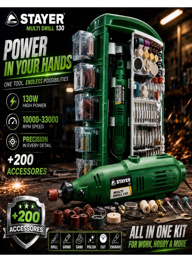 STAYER Multi-purpose drill, 130W, multiple speeds + flexible + 200 accessory pieces - Image 1