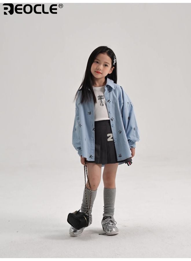 ريوكل بلوزة للبنات مع ربطة عنق بتصميم مطبوع كامل وميزة ياقة تعطي طابع أزياء بأسلوب لطيف للملابس الخارجية غير الرسمية - Image 1